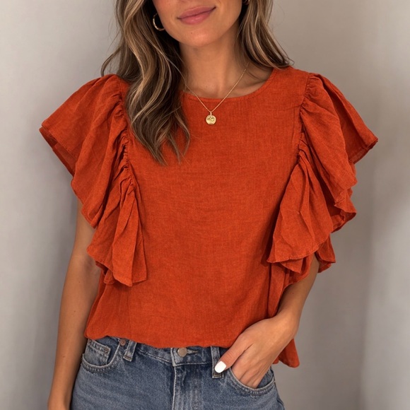fab'rik Tops - Fab’rik Rust Orange Ruffle Sleeve Blouse Size Small NWT
